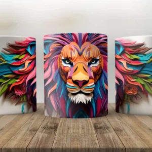 Taza sublimada con tres ángulos de un diseño de león 3D majestuoso, con melena de plumas y flores en tonos vibrantes como azul, rosa y naranja.