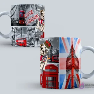 Taza con collage de iconos de Londres, incluyendo el Big Ben, autobús rojo de dos pisos, cabina telefónica, bandera Union Jack y un bulldog con corona.
