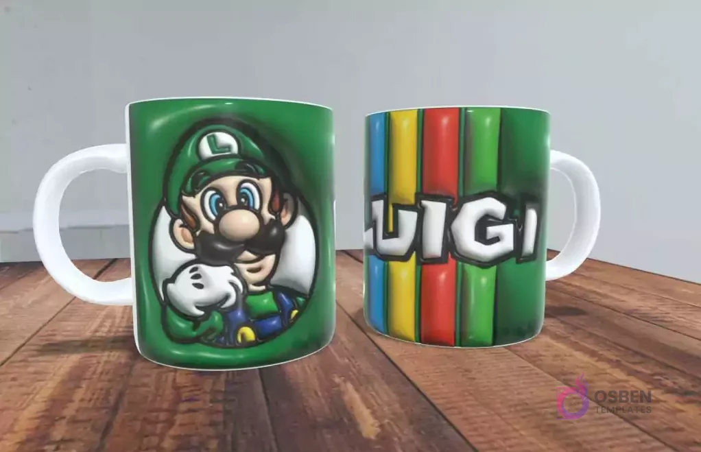 Taza sublimada verde con efecto 3D del rostro de Luigi con su gorra en un lado, y el nombre "LUIGI" sobre franjas de colores en el otro. Taza sublimada verde con efecto 3D del rostro de Luigi con su gorra en un lado, y el nombre "LUIGI" sobre franjas de colores en el otro.
