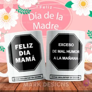 Par de tazas personalizadas para mamá con mensaje divertido: 'Exceso de mal humor a la mañana' con fondo floral