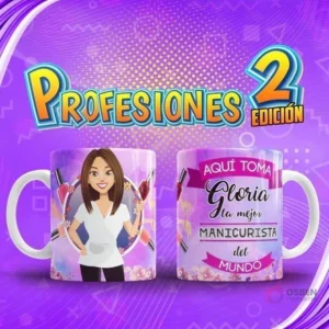 Taza de sublimación con diseño de Manicurista 'Gloria', rodeada de esmaltes, del pack Profesiones El Mejor Volumen 2