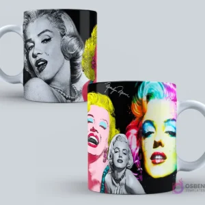 Taza con icónicos diseños de Marilyn Monroe, incluyendo retrato en blanco y negro y versiones pop art a todo color para sublimación.