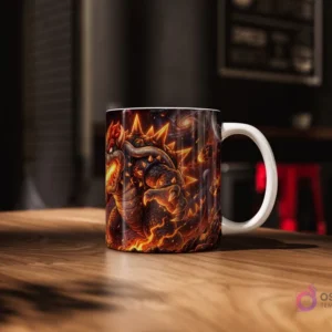 Taza sublimada con un diseño épico de Bowser furioso, rodeado de fuego y rocas ardientes, en un fondo de galaxia oscura.