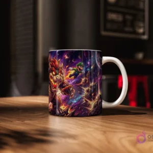 Taza sublimada con Bowser furioso y en llamas, persiguiendo a Luigi volando en un fondo de galaxia oscura con explosiones y planetas.