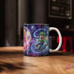 Taza sublimada con Princesa Peach, Luigi y una Luma volando en espirales de energía cósmica y estrellas, diseño de Mario Galaxy.