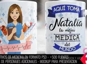 Taza personalizada para médica mujer, nombre Natalia y frase 'Aquí toma la mejor Médica del Mundo', con fondo de electrocardiograma y símbolos médicos.