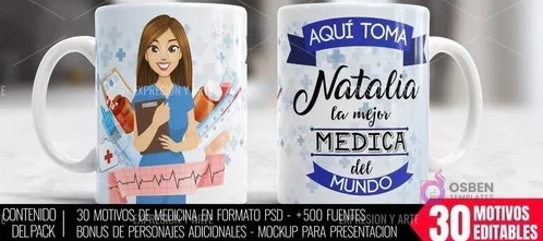 Taza personalizada para médica mujer, nombre Natalia y frase 'Aquí toma la mejor Médica del Mundo', con fondo de electrocardiograma y símbolos médicos. Taza personalizada para médica mujer, nombre Natalia y frase 'Aquí toma la mejor Médica del Mundo', con fondo de electrocardiograma y símbolos médicos.