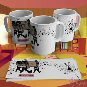 Diseño para taza de sublimación del meme del ataúd bailarín (Coffin Dance) con notas musicales y código de Spotify, sobre fondo blanco.