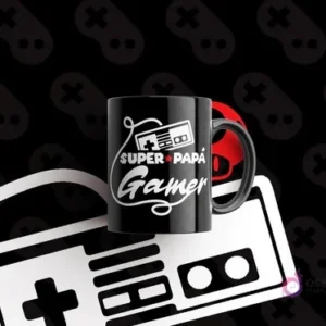 Mockup de taza negra con diseño en blanco 'SUPER PAPÁ Gamer' y gráfico de mando retro tipo NES, sobre fondo oscuro con patrón de controles