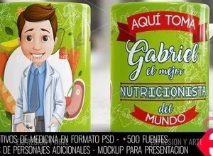 Taza personalizada para nutricionista hombre, nombre Gabriel y frase 'Aquí toma el mejor Nutricionista del Mundo', con fondo de alimentos saludables.