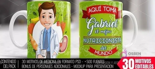 Taza personalizada para nutricionista hombre, nombre Gabriel y frase 'Aquí toma el mejor Nutricionista del Mundo', con fondo de alimentos saludables. Taza personalizada para nutricionista hombre, nombre Gabriel y frase 'Aquí toma el mejor Nutricionista del Mundo', con fondo de alimentos saludables.