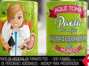 Taza personalizada para nutricionista mujer, nombre Paola y frase 'Aquí toma la mejor Nutricionista del Mundo', con fondo de alimentos saludables.