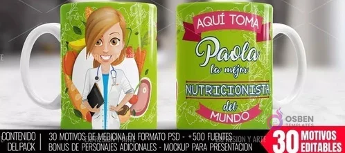 Taza personalizada para nutricionista mujer, nombre Paola y frase 'Aquí toma la mejor Nutricionista del Mundo', con fondo de alimentos saludables. Taza personalizada para nutricionista mujer, nombre Paola y frase 'Aquí toma la mejor Nutricionista del Mundo', con fondo de alimentos saludables.