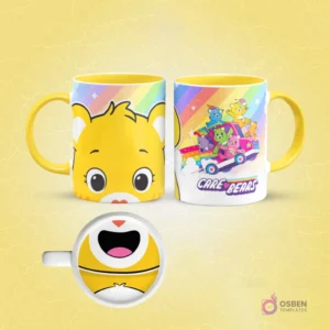 Taza de sublimación con diseño frontal del rostro de Funshine Bear amarillo de los Care Bears y vista lateral de los Ositos Cariñositos en un auto, con arcoíris de fondo.