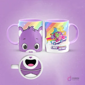 Taza de sublimación con diseño frontal del rostro de Share Bear morado de los Care Bears y vista lateral de los Ositos Cariñositos en un auto, con arcoíris de fondo.