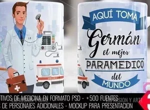 Taza de sublimación con diseño de paramédico hombre, nombre Germán y frase 'Aquí toma el mejor Paramédico del Mundo', con ambulancia y equipo médico.