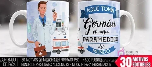 Taza de sublimación con diseño de paramédico hombre, nombre Germán y frase 'Aquí toma el mejor Paramédico del Mundo', con ambulancia y equipo médico. Taza de sublimación con diseño de paramédico hombre, nombre Germán y frase 'Aquí toma el mejor Paramédico del Mundo', con ambulancia y equipo médico.
