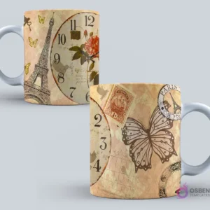 Taza con diseño parisino vintage, featuring la Torre Eiffel, un reloj antiguo, mariposas y sellos postales sobre un fondo envejecido.