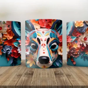 Mug en tres vistas mostrando un diseño de perro o zorro 3D con estilo paper-cut, adornado con flores en tonos cálidos y fríos sobre fondo turquesa.