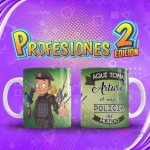 Taza personalizada con diseño de Policía 'Arturo' y armas, del pack Profesiones El Mejor Volumen 2