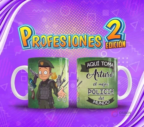 Taza personalizada con diseño de Policía 'Arturo' y armas, del pack Profesiones El Mejor Volumen 2 Taza personalizada con diseño de Policía 'Arturo' y armas, del pack Profesiones El Mejor Volumen 2