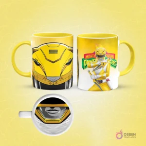Taza de sublimación con diseño frontal de casco Power Ranger amarillo Sabretooth Tiger y vista lateral del Ranger Amarillo con dagas, fondo amarillo.