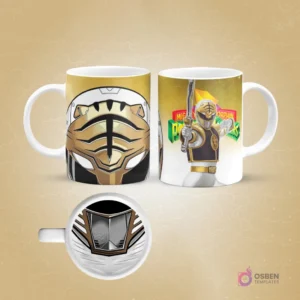 Taza de sublimación con diseño frontal de casco Power Ranger blanco y dorado (Tigerzord) y vista lateral del Ranger Blanco con espada Saba, fondo beige.