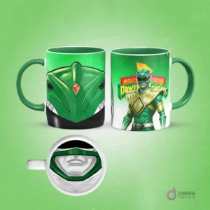 Taza de sublimación con diseño frontal de casco Power Ranger verde y vista lateral del Ranger Verde con logo Mighty Morphin Power Rangers, fondo verde.