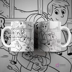 Dos tazas blancas con diseño de 'La Primera Navidad' para colorear, mostrando a María, José, el niño Jesús y animales de granja. Texto 'LA PRIMERA NAVIDAD' en la taza.