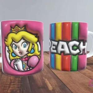 Taza sublimada rosa con efecto 3D del rostro de la Princesa Peach con su corona y expresión amable en un lado, y el nombre