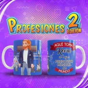Taza de sublimación con diseño de Productor Musical 'Kevin' con instrumentos y equipos, del pack Profesiones El Mejor Volumen 2