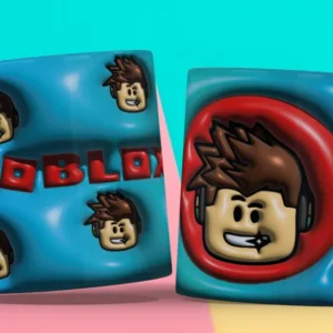 Taza 3D con diseño de un personaje de Roblox con cabello castaño, auriculares y logo de Roblox en fondo azul