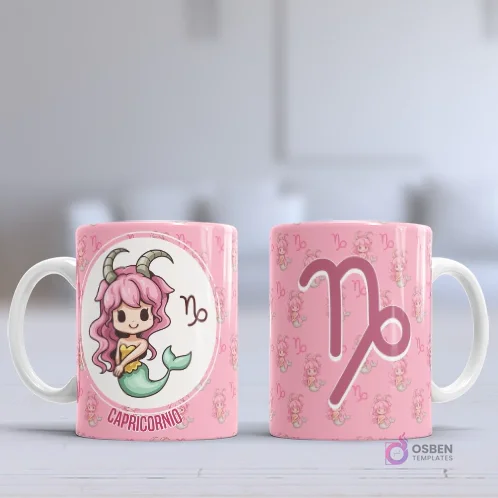 Taza sublimada con diseño chibi del signo Capricornio, una niña con cuernos de cabra y cola de sirena, sobre fondo rosa pastel con patrón del símbolo zodiacal. Taza sublimada con diseño chibi del signo Capricornio, una niña con cuernos de cabra y cola de sirena, sobre fondo rosa pastel con patrón del símbolo zodiacal.