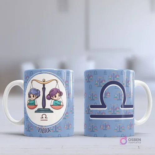 Taza sublimada con diseño chibi del signo Libra, dos niñas en una balanza, sobre fondo azul lavanda con patrón del símbolo zodiacal. Taza sublimada con diseño chibi del signo Libra, dos niñas en una balanza, sobre fondo azul lavanda con patrón del símbolo zodiacal.