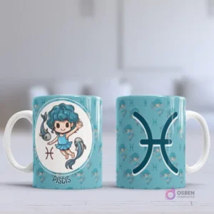 Taza sublimada con diseño chibi del signo Piscis, una niña sirena nadando con peces, sobre fondo azul claro con patrón del símbolo zodiacal.