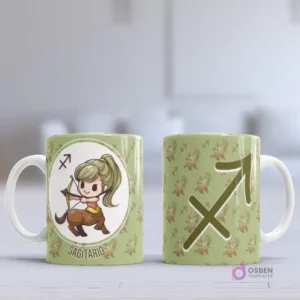 Taza sublimada con diseño chibi del signo Sagitario, una niña centauro arquera, sobre fondo verde claro con patrón del símbolo zodiacal.