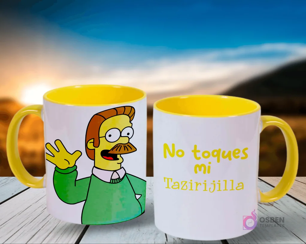 Par de tazas temáticas de Los Simpsons: una con Ned Flanders sonriendo y saludando, la otra con 'No toques mi Tazirijilla', ambas en blanco con interior amarillo y fondo de naturaleza. Par de tazas temáticas de Los Simpsons: una con Ned Flanders sonriendo y saludando, la otra con 'No toques mi Tazirijilla', ambas en blanco con interior amarillo y fondo de naturaleza.