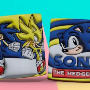 Taza 3D con diseño de Sonic en sus diferentes versiones (normal, súper) con logo