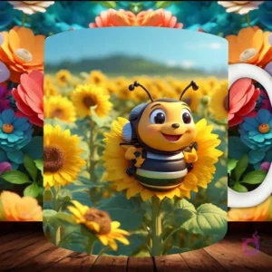Mockup de taza sublimada con una abeja bebé 3D feliz sentada sobre un girasol en un campo soleado, con fondo floral.