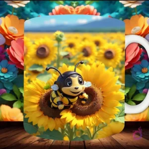 Mockup de taza sublimada con una abeja bebé 3D sobre un girasol gigante en un campo de girasoles, sobre fondo floral multicolor.