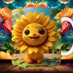 Mockup de taza sublimada con un personaje de abeja 3D con gafas y botella, caminando en un campo de girasoles, con fondo floral.