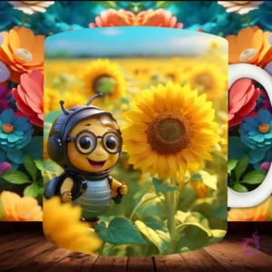 Mockup de taza sublimada con un personaje de abeja 3D con auriculares y mochila, caminando en un campo de girasoles.