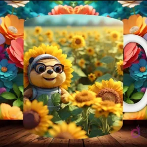 Mockup de taza sublimada con un personaje de abeja con cabeza de girasol 3D sonriente y gafas en un campo de girasoles, sobre fondo floral.
