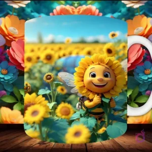 Mockup de taza sublimada con una abeja con cabeza de girasol 3D sonriente, sosteniendo una flor en un campo de girasoles.