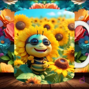 Mockup de taza sublimada con una abeja con cabeza de girasol 3D sonriente, con gafas, en un vasto campo de girasoles.