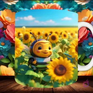 Mockup de taza sublimada con una abeja 3D sonriente y amigable volando sobre un campo de girasoles, sobre fondo floral colorido.