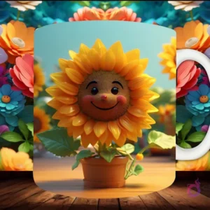 Mockup de taza sublimada con un campo de flores 3D coloridas y brillantes bajo un cielo azul, con un efecto de profundidad.