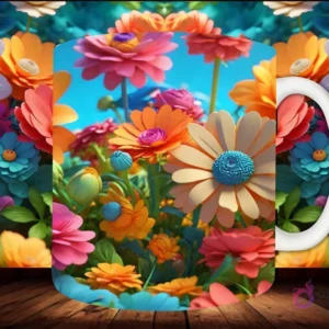 Mockup de taza sublimada con un campo de flores 3D coloridas y variadas bajo cielo azul brillante, sobre fondo floral.