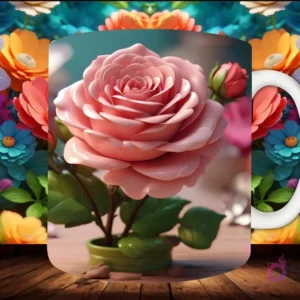 Mockup de taza sublimada con una composición variada de flores 3D de tonos pastel y vibrantes, creando un ambiente romántico.