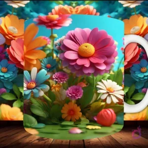 Mockup de taza sublimada con una variedad de flores 3D de múltiples colores, incluyendo rosas, margaritas y dalias, en un jardín exuberante.